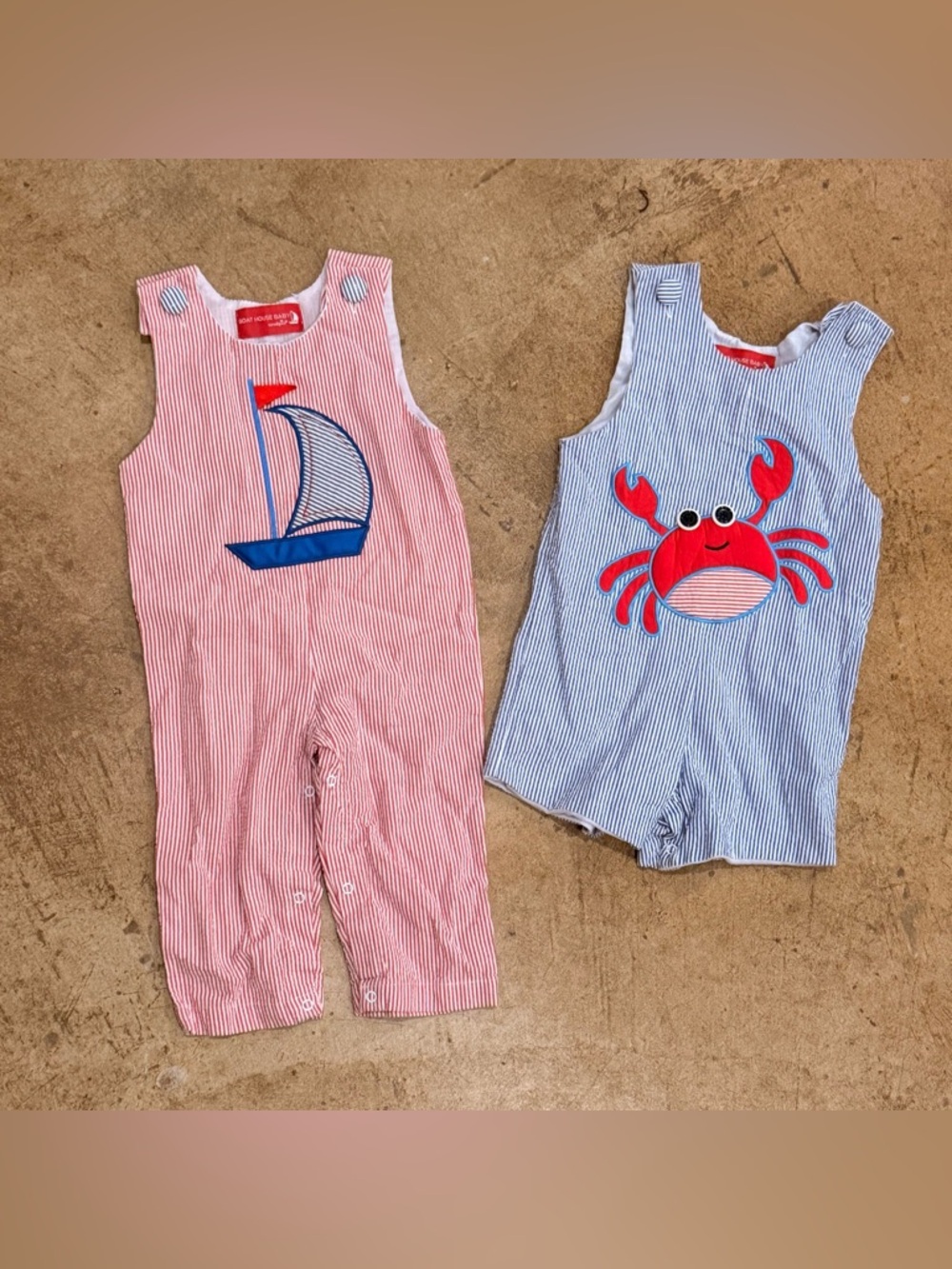 Set Of 2 Mud Pie Baby Boathouse Seersucker Longall And Shortall- 18 Months